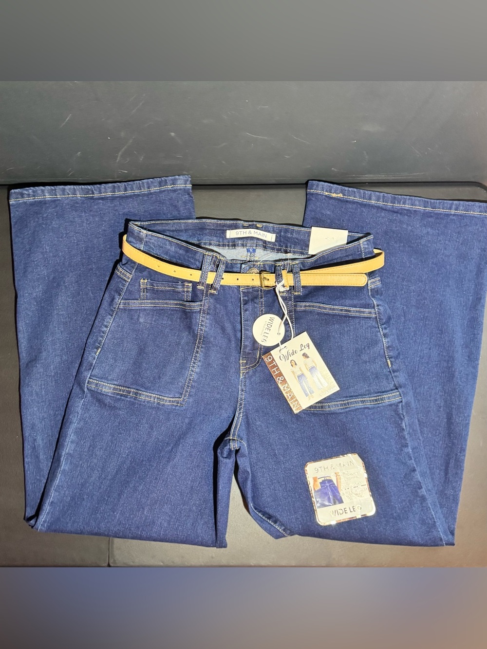 9th & Main High-Rise Wide Leg Jeans in Dark Blue with Faux Leather Tan Belt